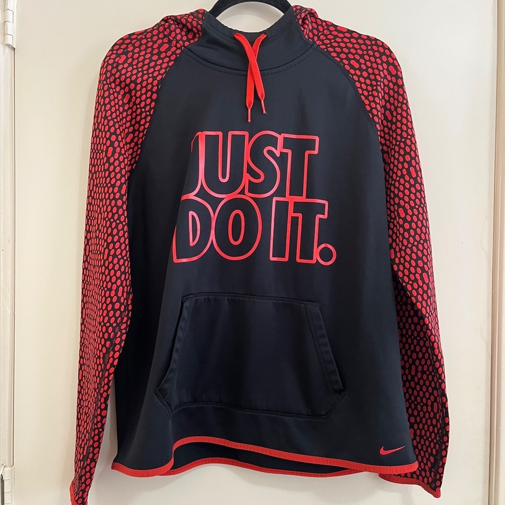 Nike Therma-FIT Mens Hoodie Large Just Do It Black Red Pullover Athletic‎ Raglan